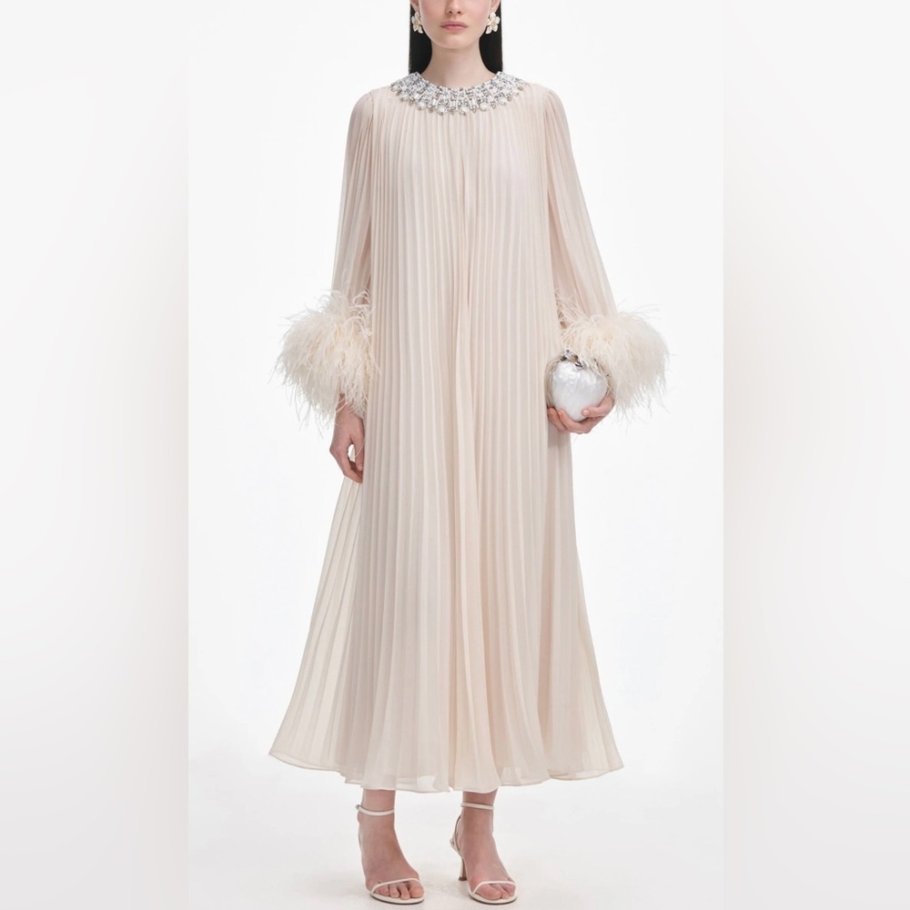 Self-Portrait Cream Chiffon Feather Midi Dress